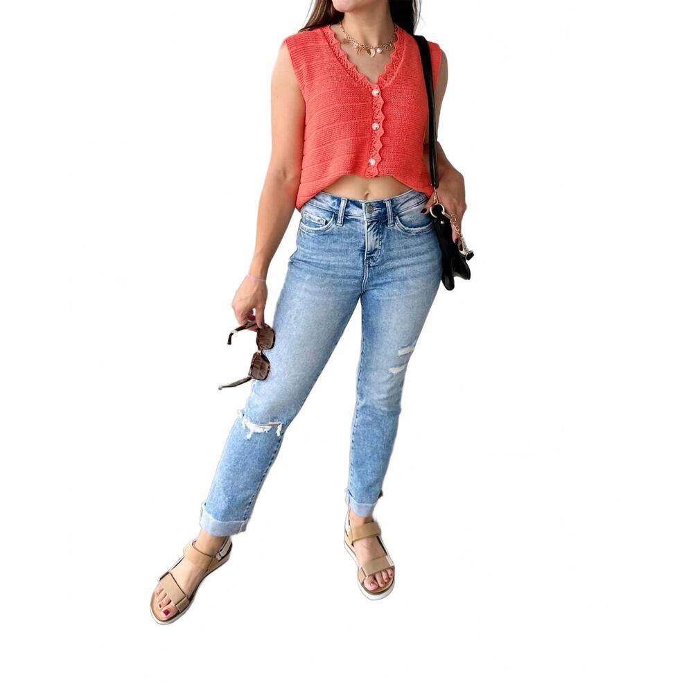 NEW LOVERVET high rise single cuff crop straight jeans in blue